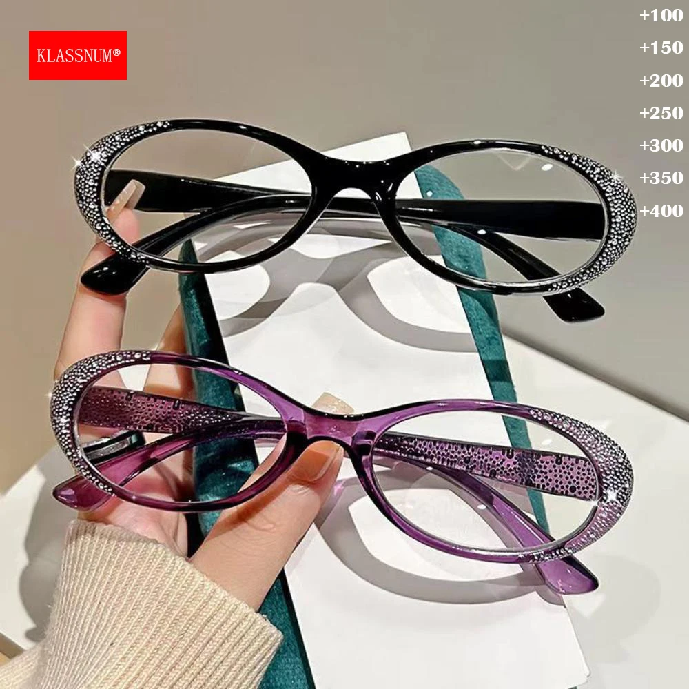 KLASSNUM Women Oval Trendy Reading Glasses Glitter Frame Retr Hyperopia Eyeglasses Women Far Sight Plus Reading Eyewear+1.0+4.0