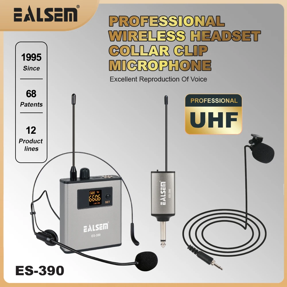 

Беспроводной петличный микрофон EALSEM ES-390 UHF Профессиональная гарнитура с зажимом для микрофона Bodypack Регулируемая частота 30 м для вечеринок