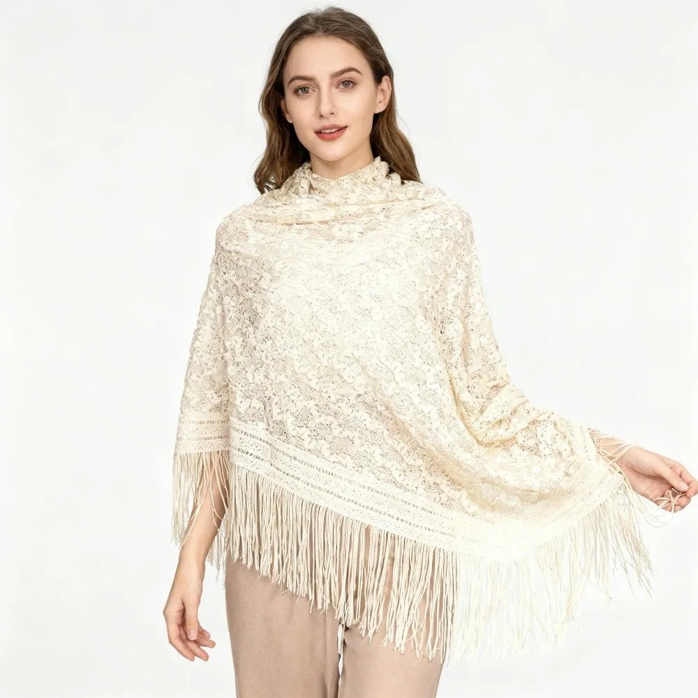 Versatile 140×140cm Lace Shawl Elegant Hollowed-out Design Knitted Shawl Breathable Tassel Shawl for Women