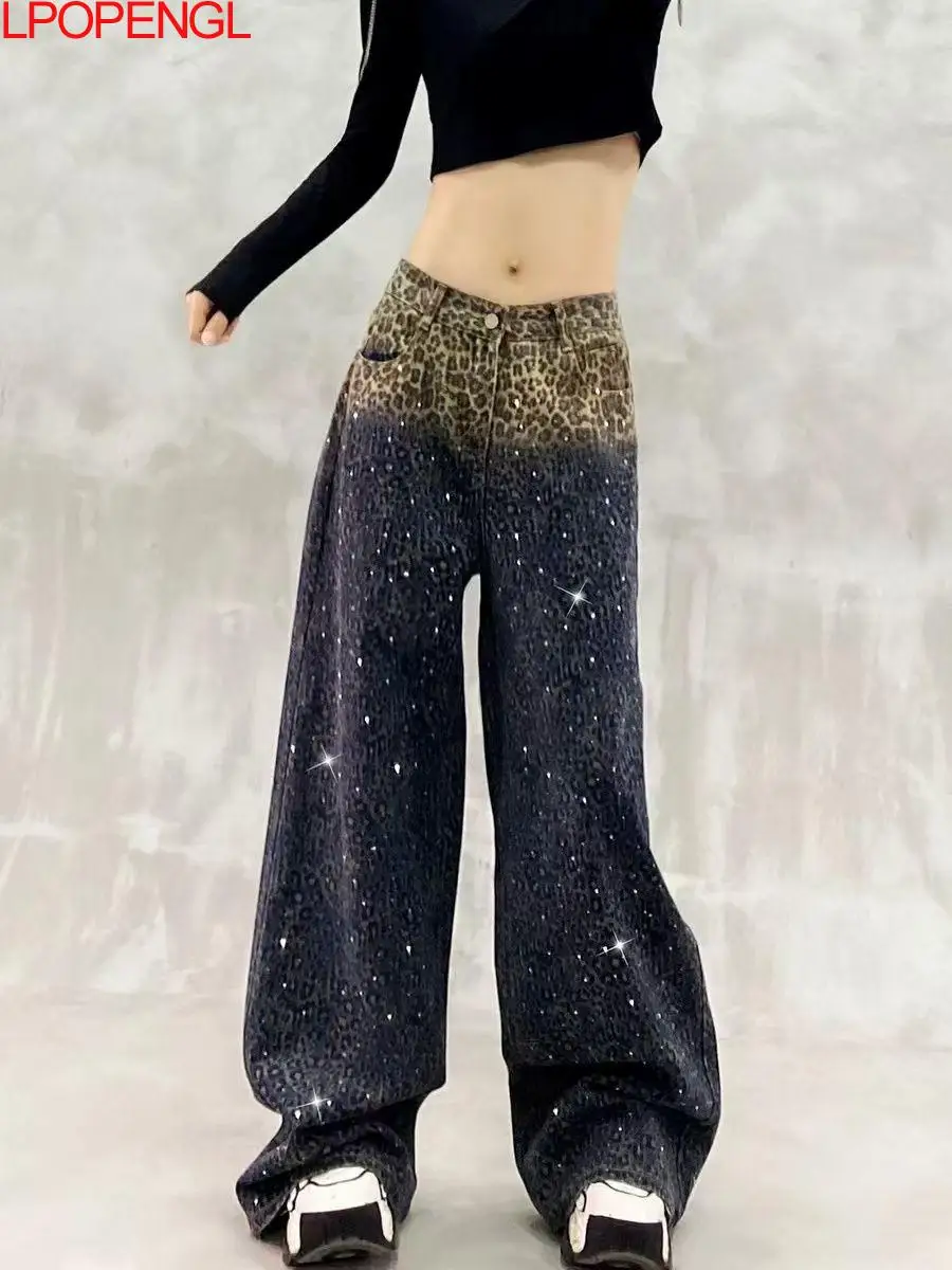 

Новые женские джинсы с цветными блоками и леопардовым принтом, повседневные, весенние, с высокой талией, свободные, универсальные, прямые, в уличном стиле, широкие брюки