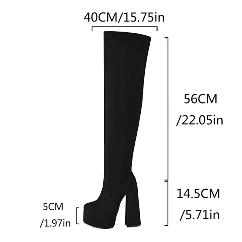 Girseaby Women's 56cm Thigh Boots Round Toe 14.5cm Extra High Thick Heel 5cm Platform Faux Leather Big Size 42-46 US15 Grey