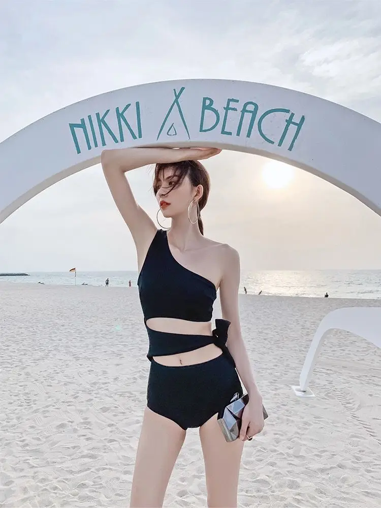 Women's Black Bikini One Shoulder Tie Side Swimsuit Slimming Fashion Beachwear for Spa Swimming