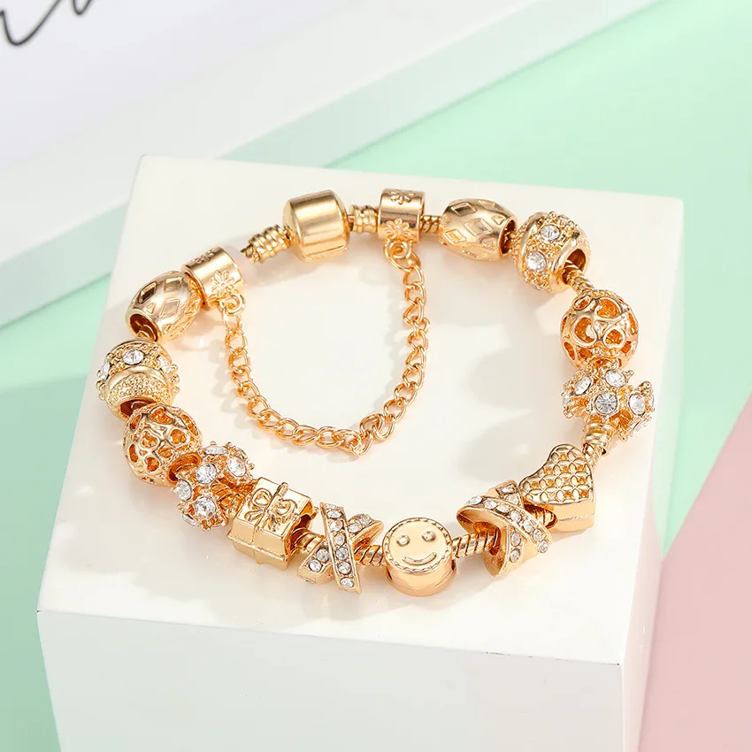 Gold Fashion Jewelry New Crystal Zircon Beads Smile Face Charms Bracelet For Women RJ222
