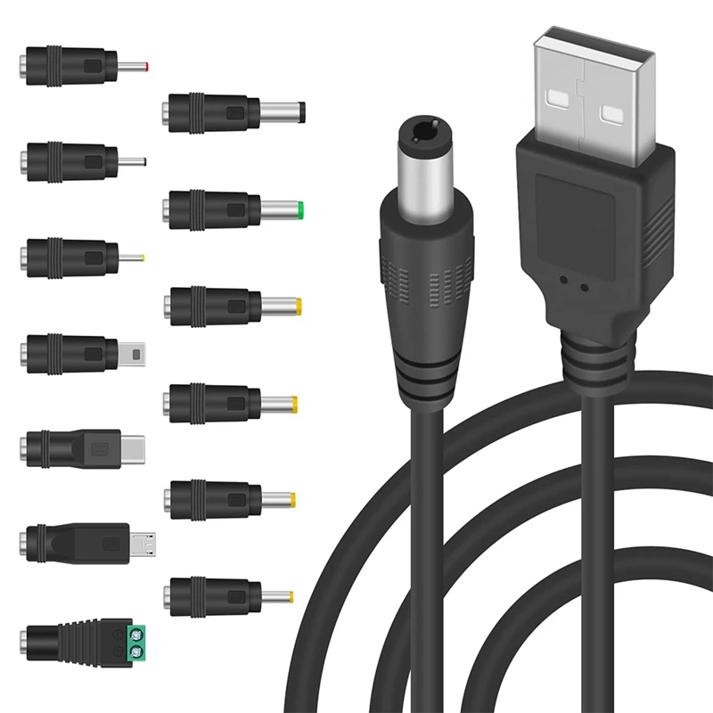 

5V DC 5.5 2.1Mm Jack Charging Cable Power Cord, USB To DC Power Cable With 13 Interchangeable Plugs Connectors Adapters