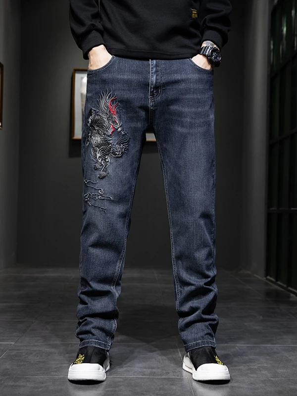 

Heavy Embroidery Men's Jeans Loose Fit Elastic Waisand hine Stitched Denim Youth Faion Brand Wear Resistant Winter Wear