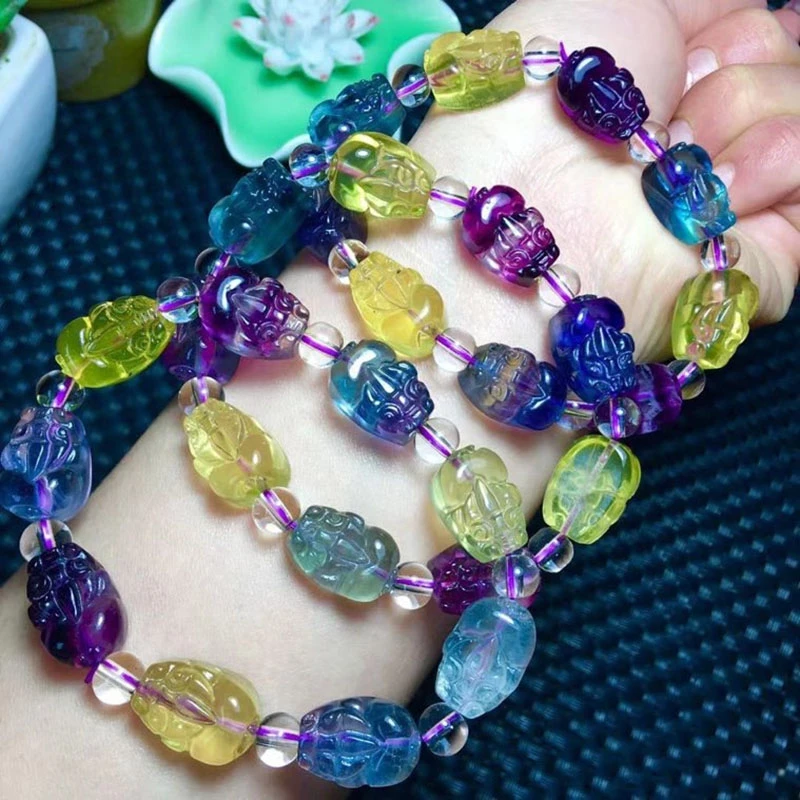 Natural Colorful Fluorite Quartz Clear Pi Xiu Beads Bracelet 14x10mm Purple Fluorite Women Men Jewelry Love AAAAA