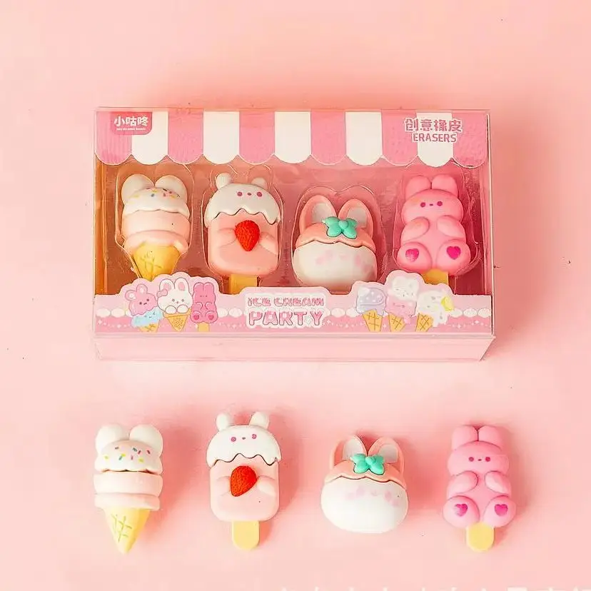 

4Pcs/Set Cute Cartoon Pencil Eraser Kawaii Dessert Rabbit Ice Cream Boxed Rubber Student Gift Erasers for Kids School Stationery
