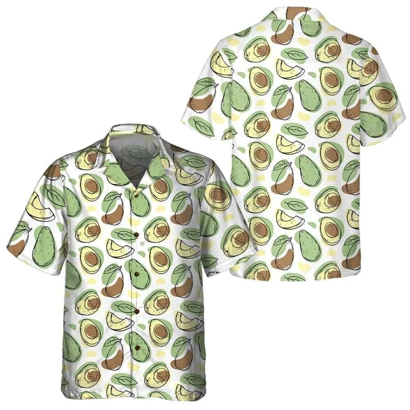 Funny Hawaiian Fruit Avocado Short Sleeve Shirts For Men Clothes Persea Americana Mill Graphic Blouses Vacation Lapel Blouse Top