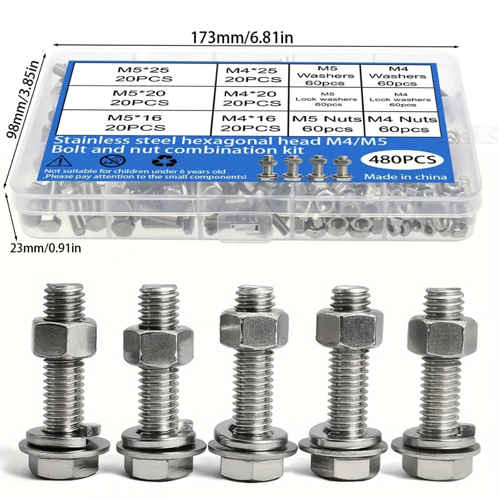 480-piece stainless steel hex bolt and nut set, M4 & M5, suitable for industrial machinery and home maintenance.