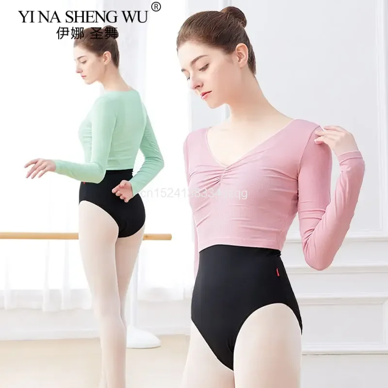 Woman Ballet Dance Tops Knitted Dance Tops V Neck Long Sleeve Dance Shirts Adult Dancewear Training Dance Ballet Costumes