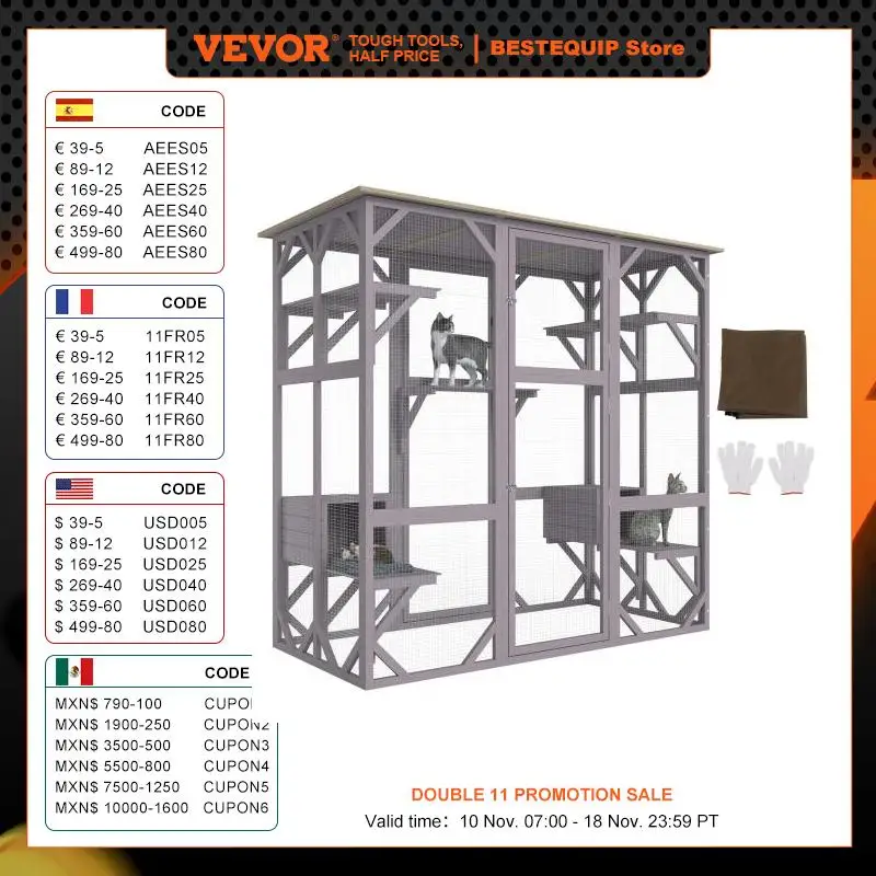 VEVOR Cat House Outdoor 7-Tier Large Catio Cat Enclosure with 5 Platforms 2 Resting Boxes & Large Front Door 71.2x34.6x66.5 in