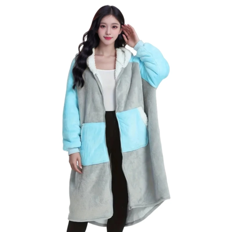 Oversized Zipper hoodie blanket with sleeves sweatshirt plaid winter fleece hoody women pocket