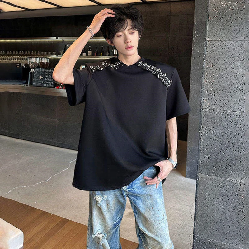 LUZHEN Metal Pin Patchwork Decorate Shoulder Pad Short Sleeve T-shirts Men's 2025 Summer Original Loose Male Street Wear JY2851