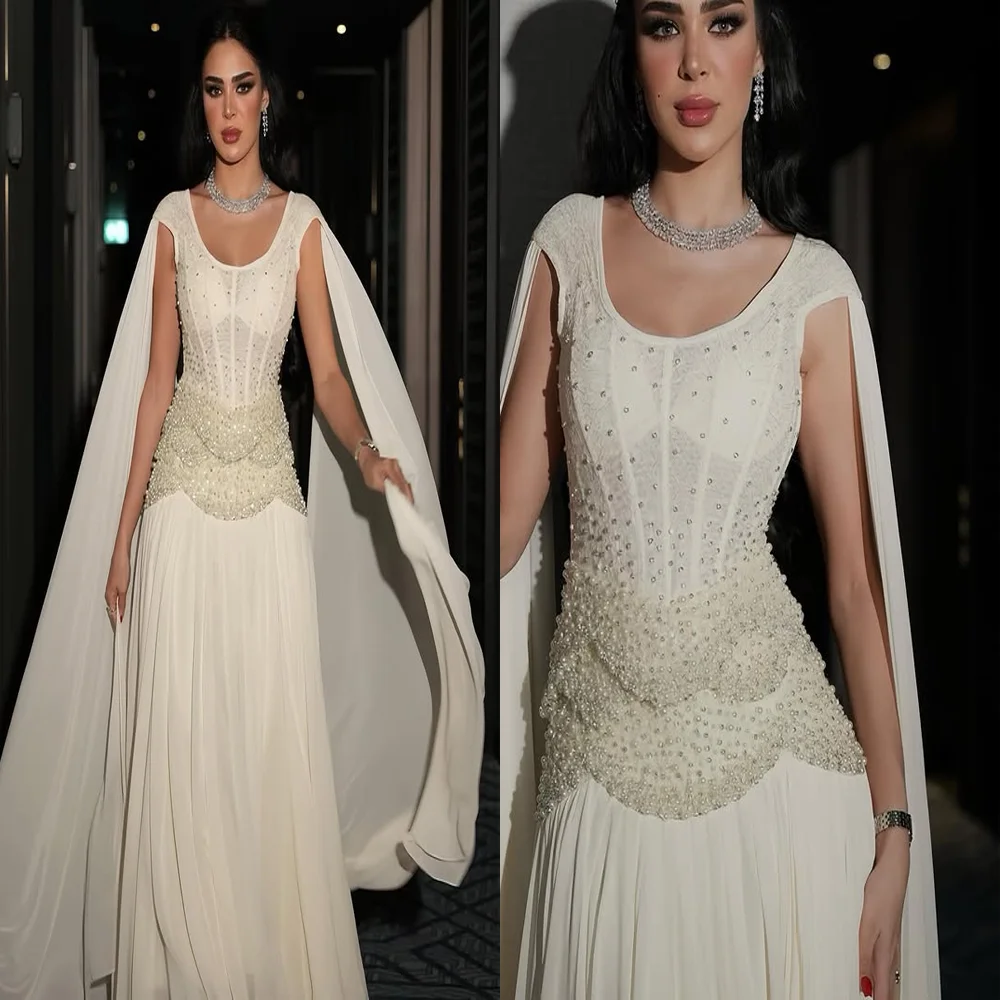 

Customized Saudi Arab Sleeveless Chiffon A-line Pleated Evening Gown Fashion Spaghetti Straps Beaded Long Party Dress with Cape