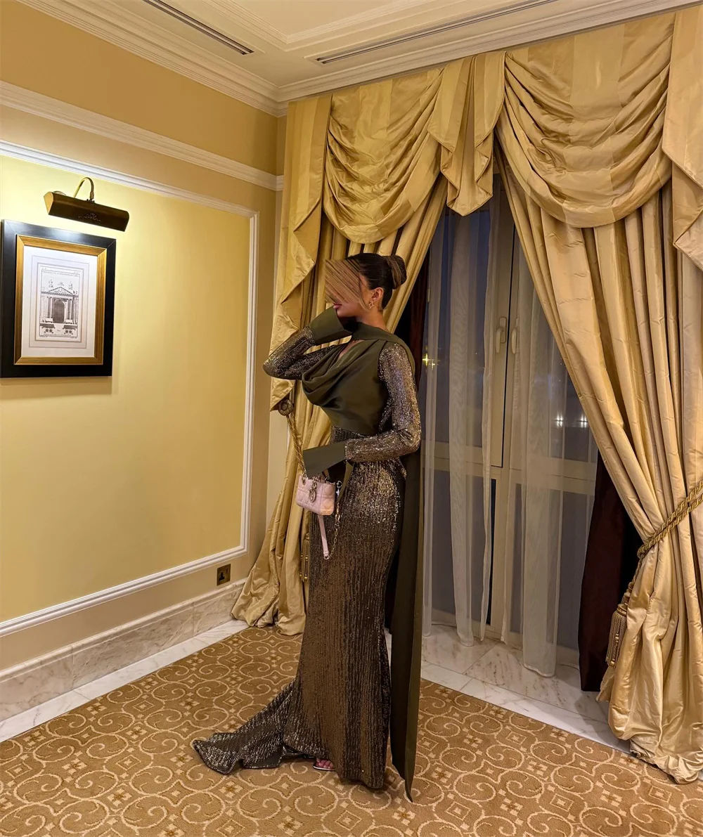 فستان كونتيسا دبي بأكمام جرس لامعة وغمد ثنيات للحفلات الراقصة وربطة عنق وربطة عنق من فساتين سهلة الطول بطول الأرض أردية السهرة