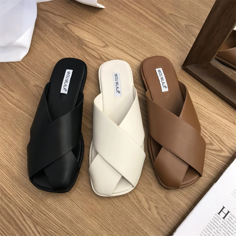 Cover Toe Loafers Shoes Woman 2024 Female Slippers Platform Low Mules Sexy New Summer Rubber Hoof Heels Basic PU Slides Fabric