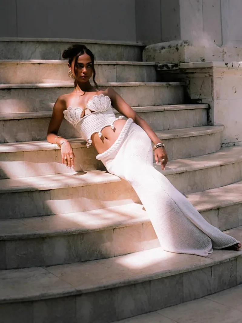 Zeyla Set da donna estivo 2025 con top in rilievo fatto a mano e maxi abito all'uncinetto Boho Chic Abito con gonna a corsetto artigianale Vacanza al mare