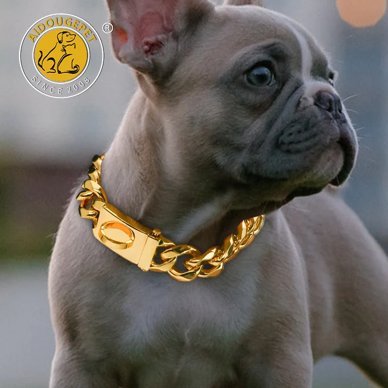 Gold Dog Luxury Necklace Stainless Steel Dogs Collar Small Big Dogs Silver Solid Cuban Link Chain for Pet Supplies Accessories