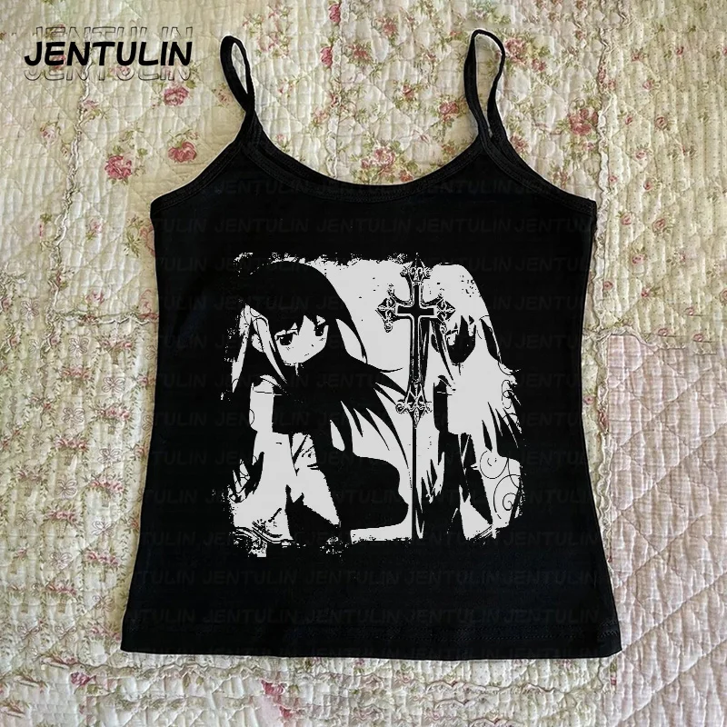 Ästhetische Gothic Punk Anime Grafik Druck Baby T-Shirts Sommer Harajuku ärmellose schlanke Camis Emo Mädchen Crop Tops 2000er Jahre Y2k Kleidung