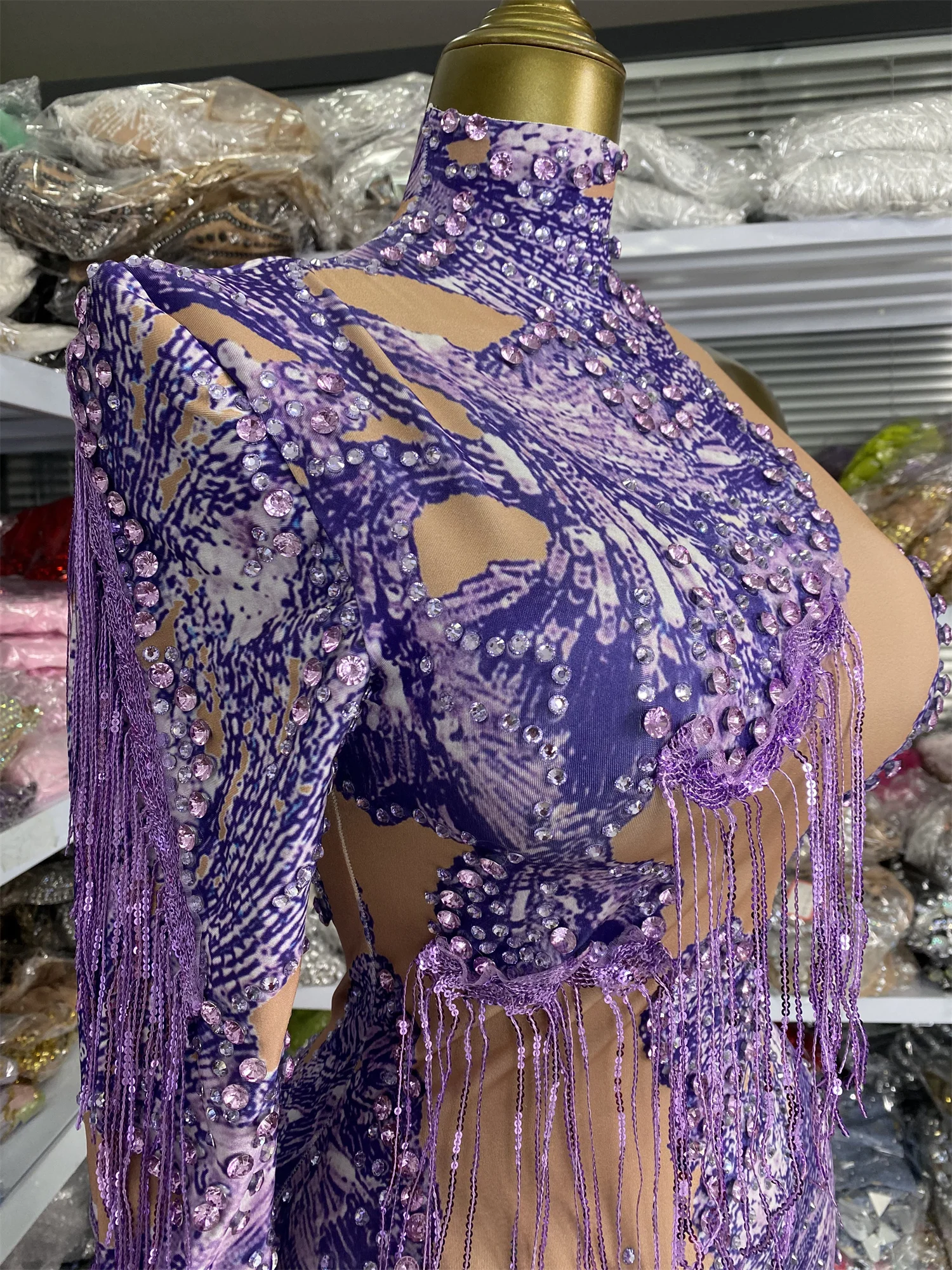 Women Purple Printed Rhinestones Sequines Tassel One Shoulder Spandex Bodycon Dress Glitter Ballroom Dancer Dress Stage Costumes
