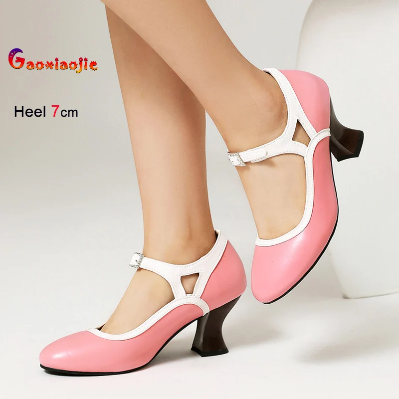 

Pink Mary Jane Shoes French style Buckle Strap High Heels For Woman 7CM Round Toe Hollow Princess Shoes Elegant Women's Pumps CD