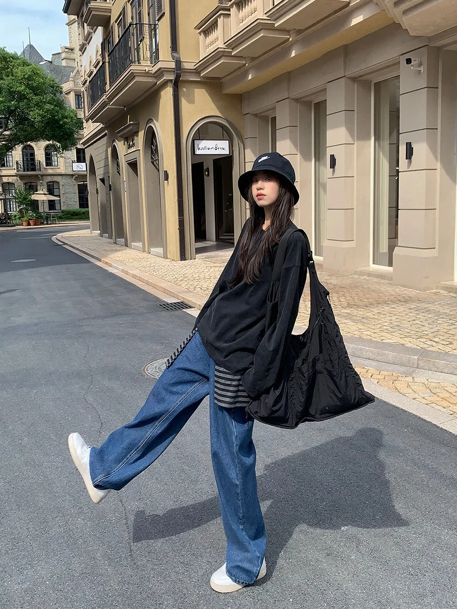 

Джинсы Nuomici Vintage Waed с прямыми штанинами и расклешенным низом, женские, свободные, широкие, длинные, повседневные, из хлопкового денима, на все сезоны