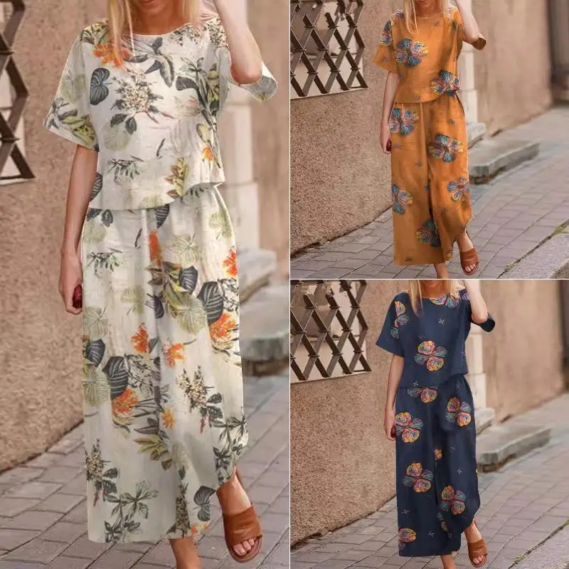 

Women's Floral Printed Cotton Linen ort Sve T-irt Tee Piece Set Winter Faion Work orm Nine Pants Winter Season