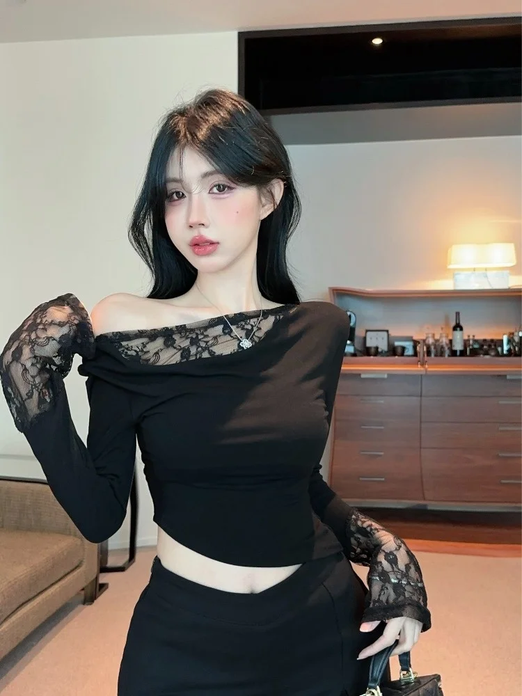 

Pure Desire Sweet Spicy Lace Patchwork Base Shirt Women's Autumn Winter New Style Slimming Short Black Sexy Inner Wear Top