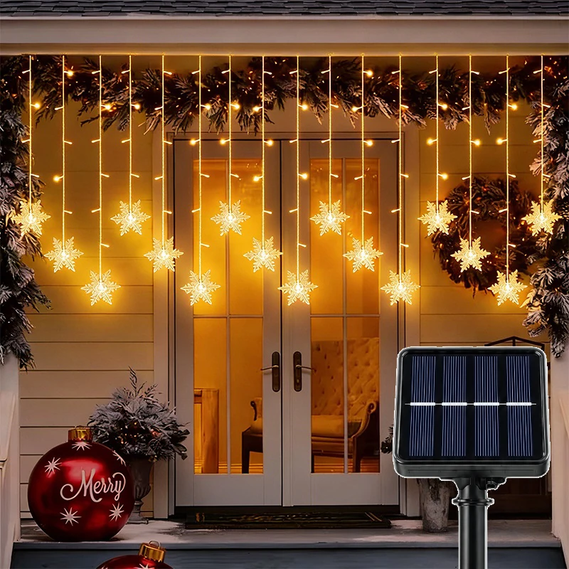 Solar Snowflake Icicle Curtain Lights Waterproof LED Hanging Lamp For House Eaves Window Xmas Outdoor Decoration