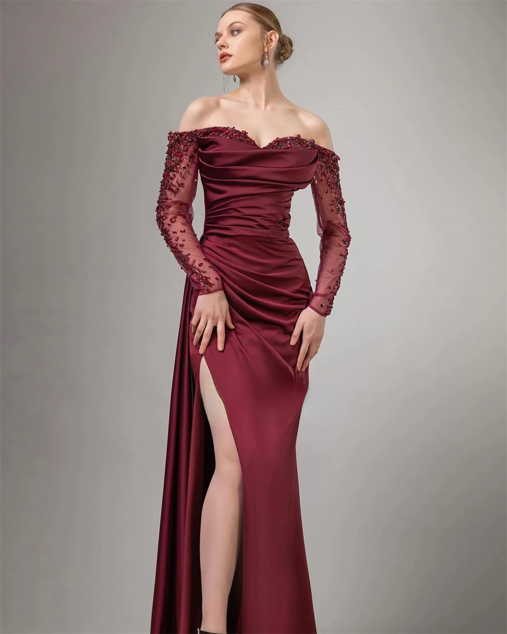 Satin Beading Draped Formal Evening A-line Off-the-shoulder Bespoke Occasion Gown Long Dresses dresses for women 2022