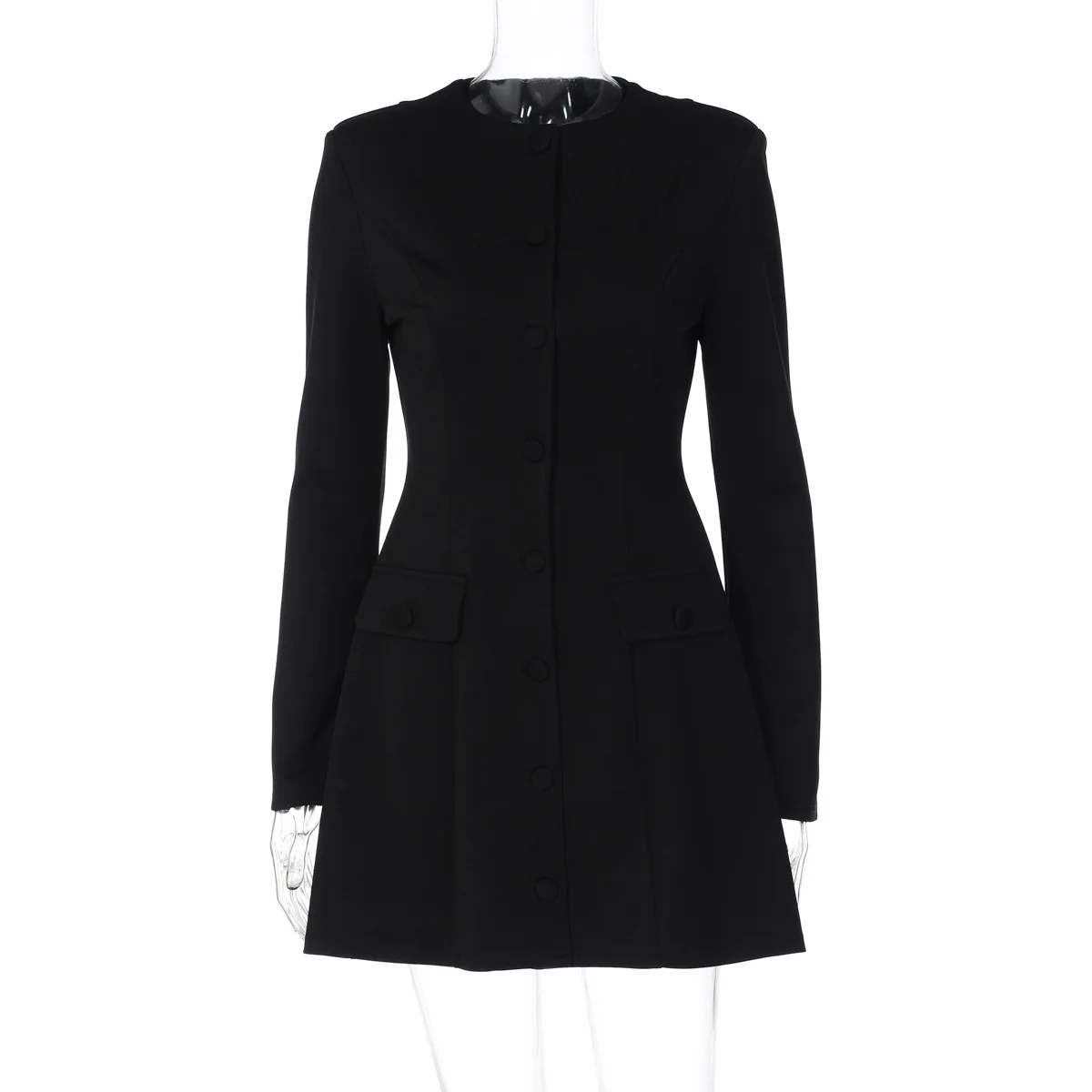 فستان قصير على شكل حرف A للسيدات أنيق بياقة دائرية وأكمام طويلة وصدر واحد بقصة ضيقة ملابس مكتب للسيدات ملابس شارع عالية