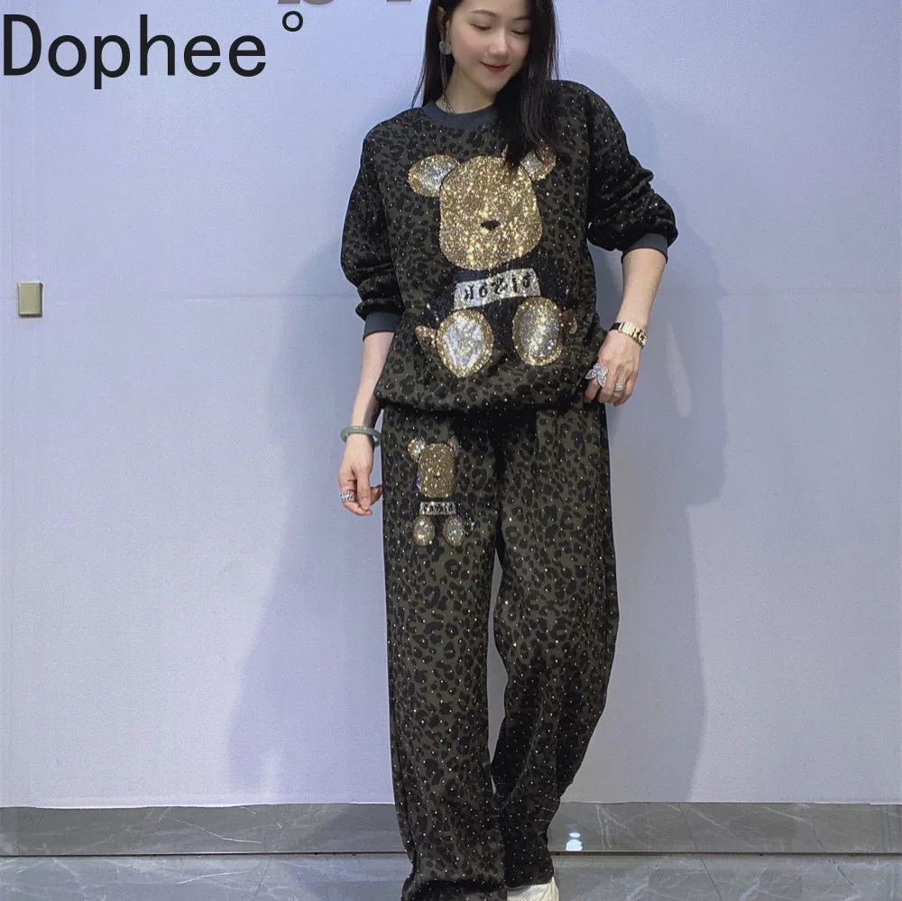 

New Spring Autumn Hoodie Sets Cute Bear Hot Drilling Long Sleeve Leopard Pullover Sweater Top + Elastic Waist Straight Pants