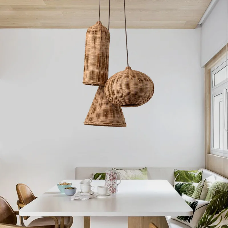 Retro Rattan Pendant Lamp Japanese Wicker Chandelier For Dining Room Kitchen Restaurant Decor Dining Table Bamboo Hanging Lamp