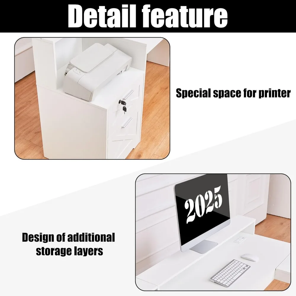 مكتب تنفيذي على شكل حرف L مقاس 60 بوصة مع مساحة تخزين للطابعة، ومكتب كمبيوتر زاوية يتميز بمنافذ طاقة وأدراج قابلة للقفل والضبط #3