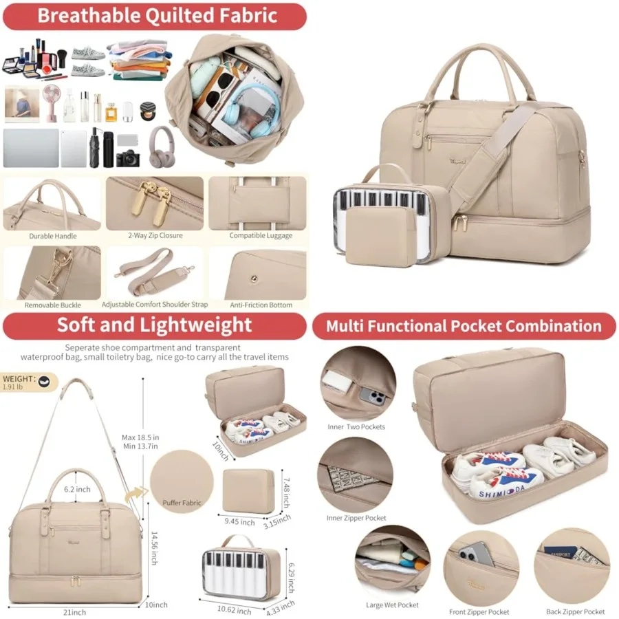 

4PCS Weekender Bags for Women Large Overnight Weekend Travel Duffel Carry on Shoulder with Shoe Compartment Canvas Toiletry Bag