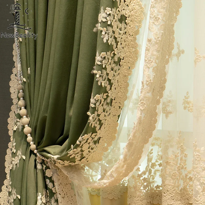 

French Luxury Lace Green Embroidered Velvet Curtains for Living Room Bedroom Dining Retro Blackout Jacquard Tulle Window Custom
