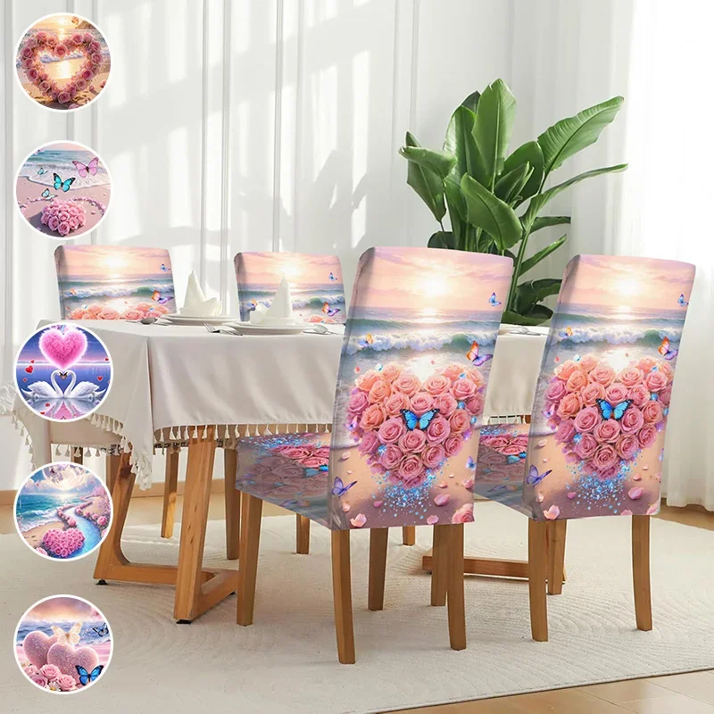 Elastic printed dining chair cover, romantic beach pink rose pattern, removable and non-slip dining chair cover