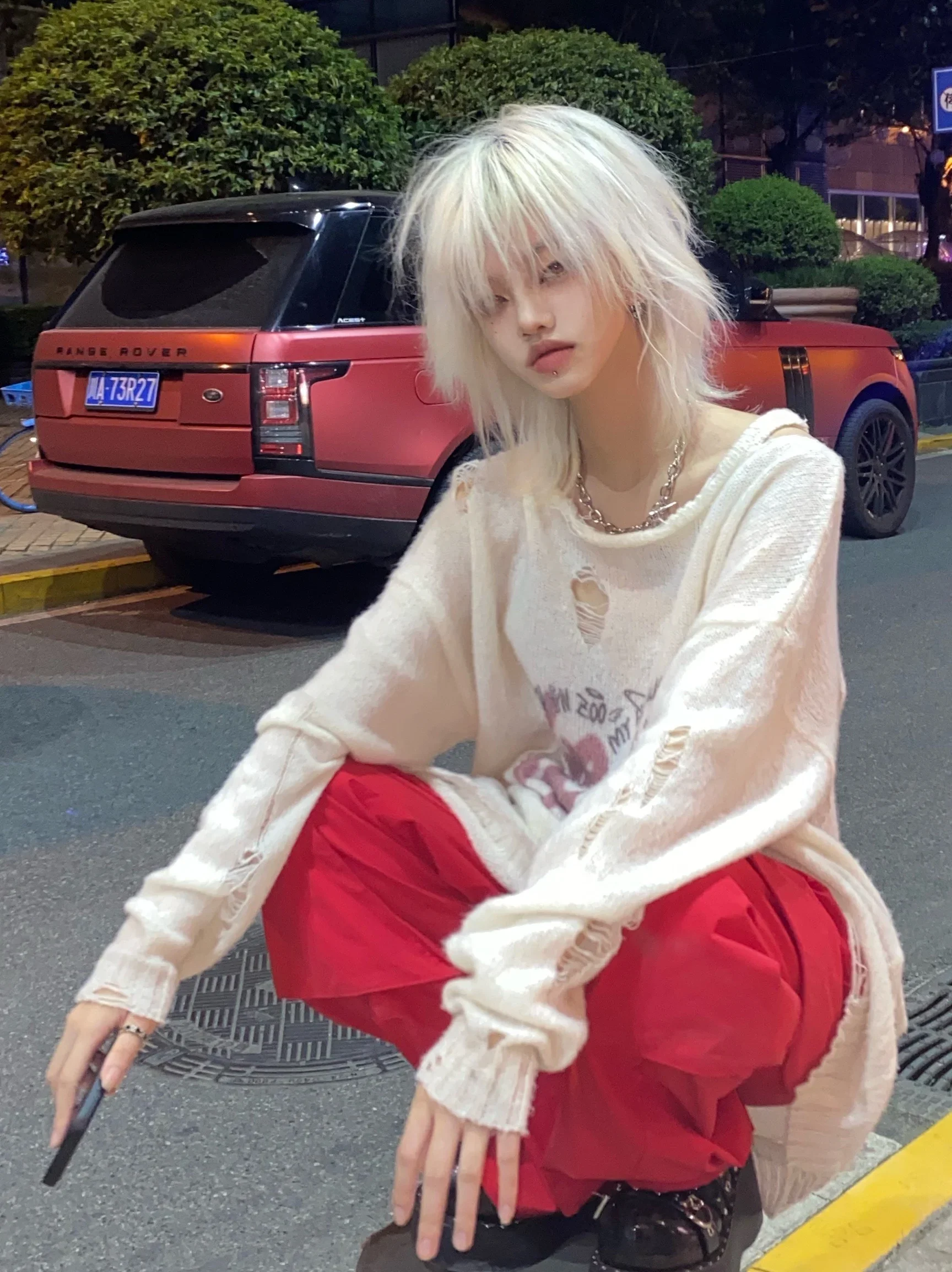 Ruibbit Harajuku Gothic Hole Embroidery Long Sleeve Women Punk Style O-Neck Loose Vintage Off White Knitted Pullovers