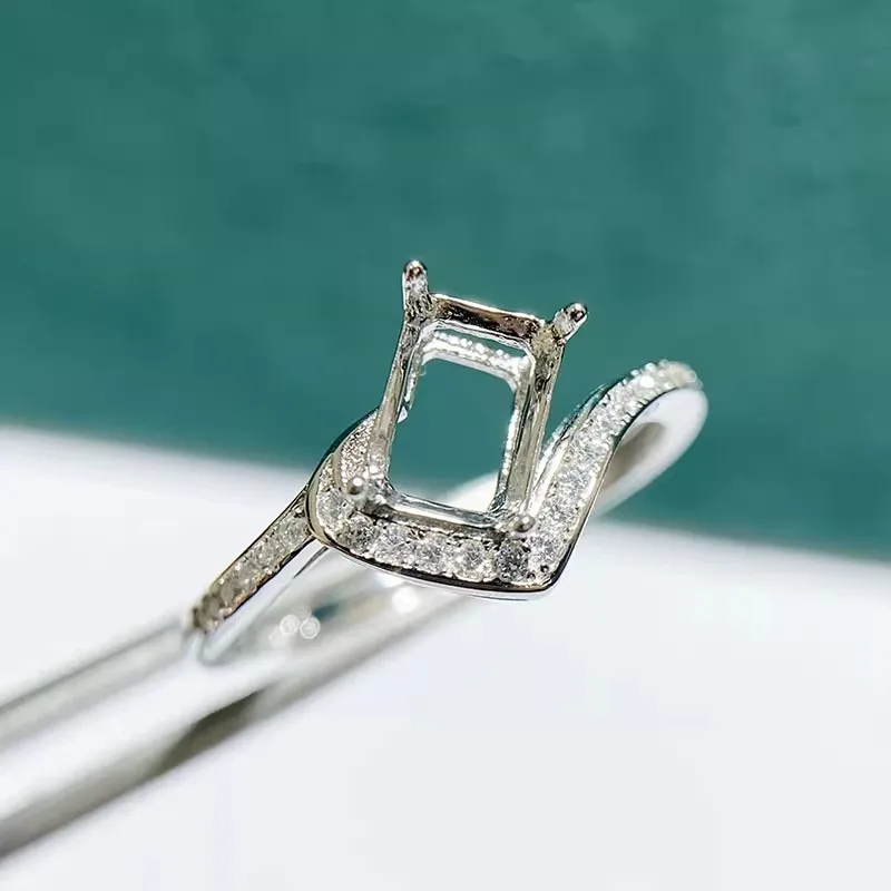 MeiBaPJ 5mm*7mm Rectangle Stone 925 Sterling Silver Fashion Ring Holder DIY Empty Support for Women Fine Charm Jewelry