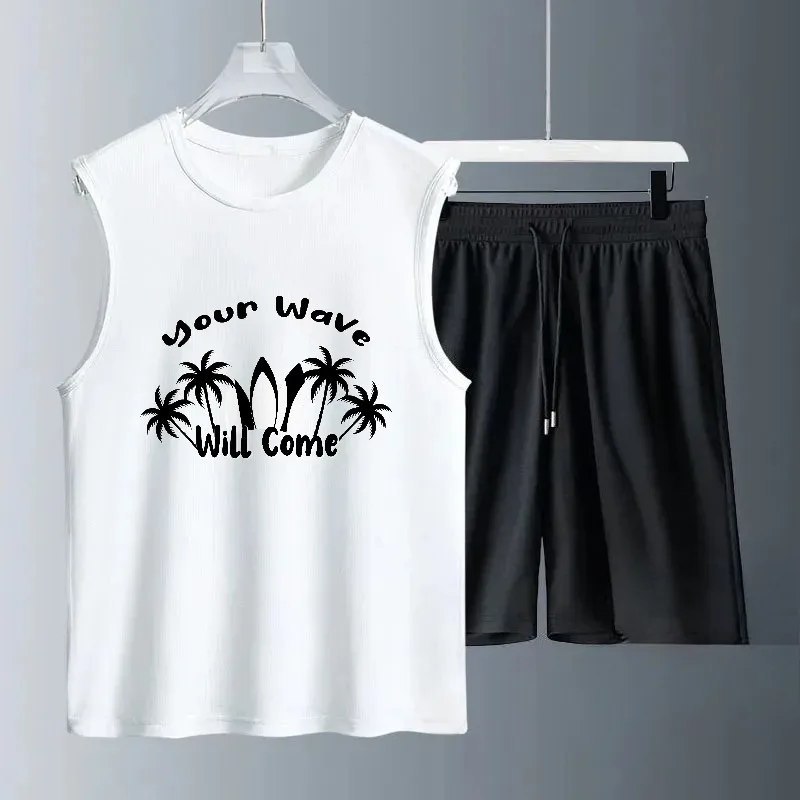 

2025 мужские летние повседневные комплекты без рукавов, кокосовая пальма, креативный костюм с принтом, дышащий повседневный наряд, удобные модные спортивные комплекты