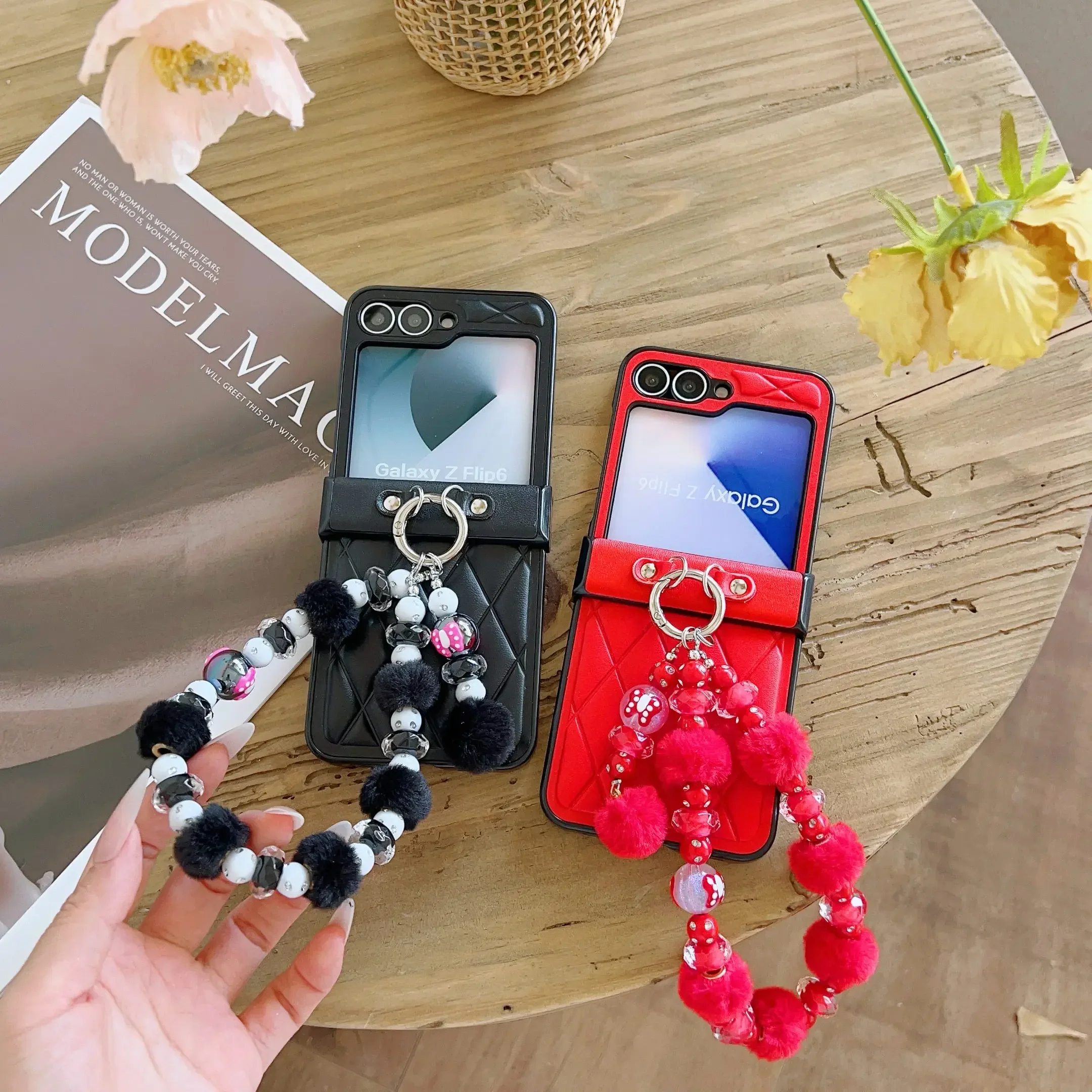 Wrist Strap Glitter Bead Cute Bobbles PU Leather Phone Case for Samsung Galaxy Z Flip 6 5 4 3 Hinge Protection Shockproof Cover