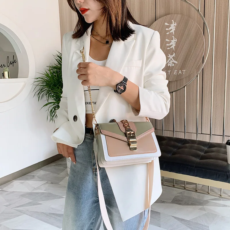 Fashion chain lady Sling bag Panelled color PU Leather Crossbody Bag For Women 2023 new Wide strap Shoulder Messenger Bag Ladies