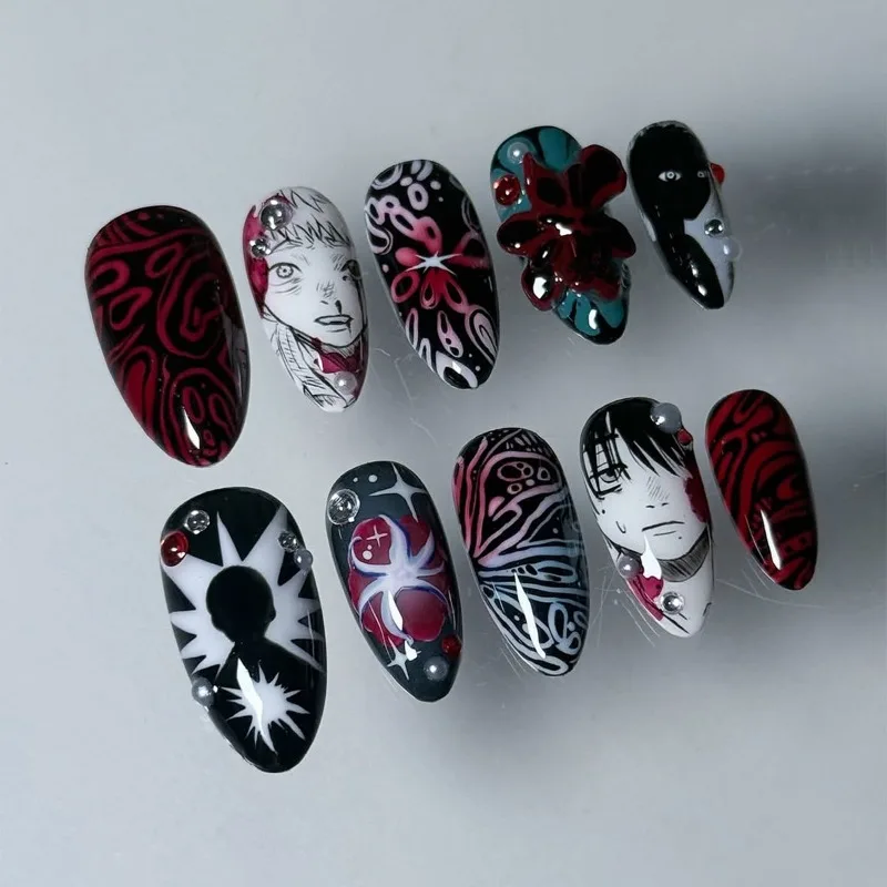 

24PCS Gothic Comic Style Almond False Nails with Glue Dark Red Flowers French Press on Nails Full Cover Trendy Wearable Nail Art