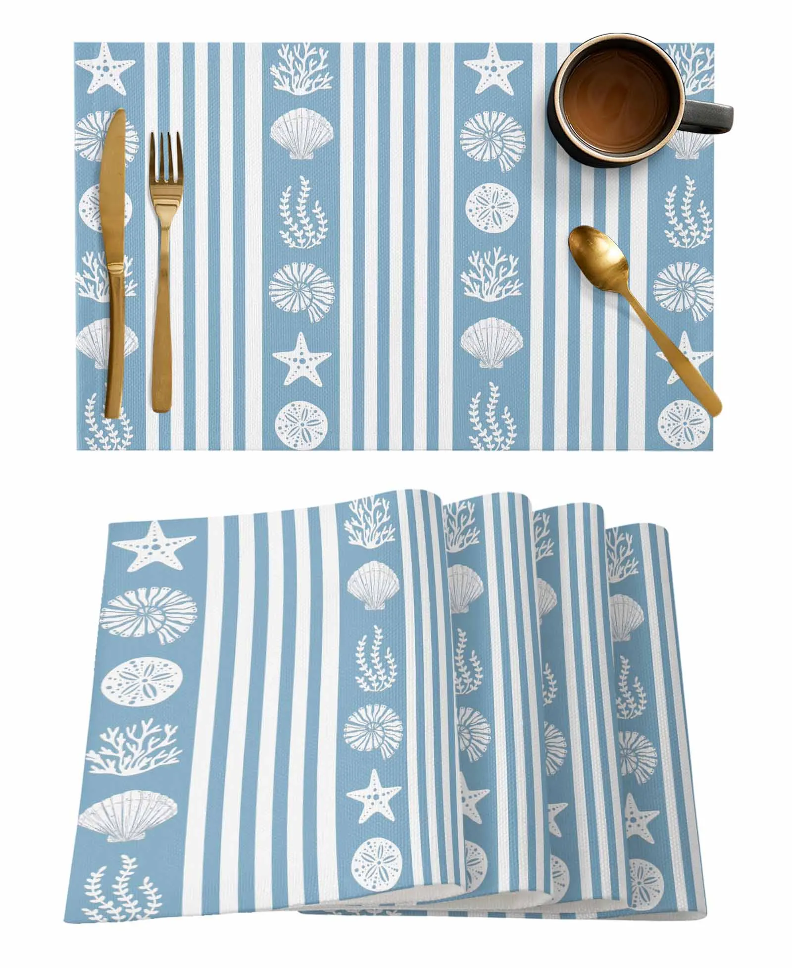 Ocean Striped Starfish Shell Jellyfish Coral Blue Table Runner Wedding Table Mat Centerpieces Decoration Dining Long Tablecloth