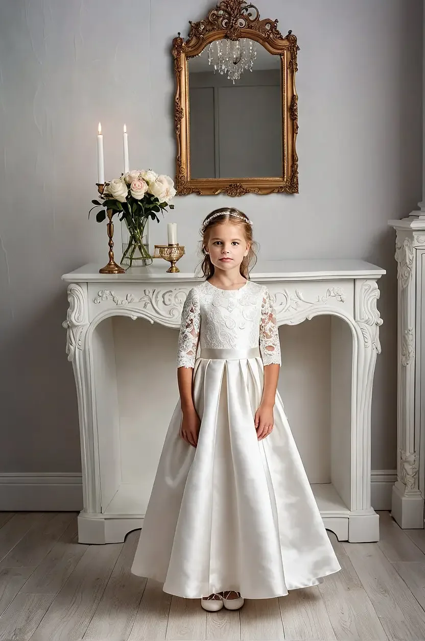 Elegant A-Line Flower Girl Dress Satin Lace Printing Idyllic First Communion Gowns  Kids Girls Birthday Party Evening Gown