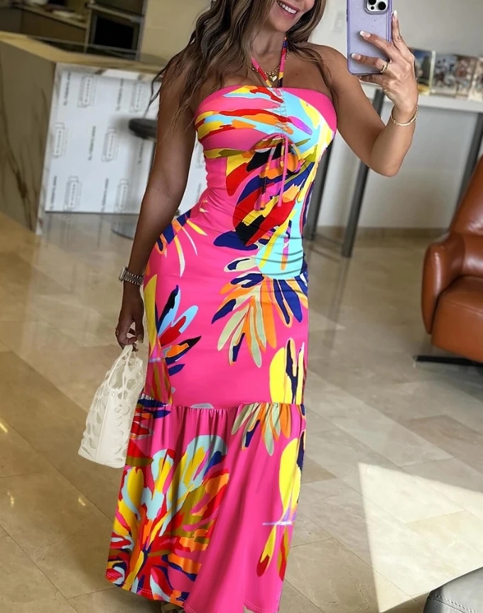 

Women Elegant Dress 2024 Spring Summer Latest Sexy Tropical Print Halter Drawstring Maxi Dress Beach Vacation Skinny Long Skirt