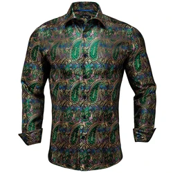 Hi-Tie Green Purple Silk Men's Shirts Paisley Floral Long Sleeve Casual Shirt For Men Jacquard Male Business Party Wedding Dress