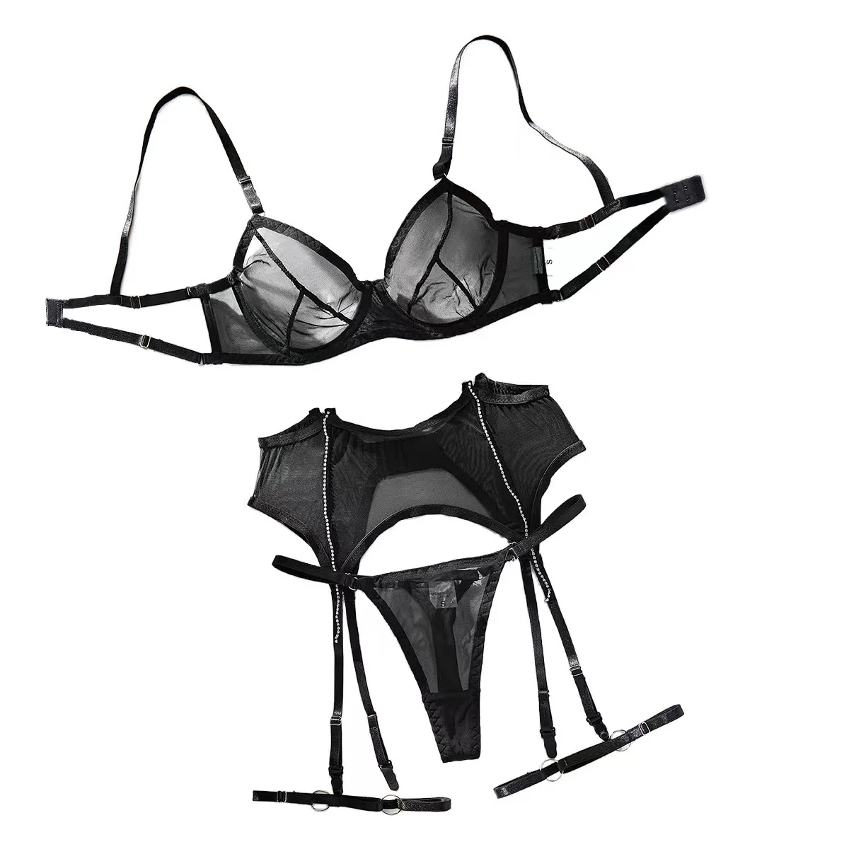 Sexy Lingerie Kant Met Diamanten Franse Bh-Set Met Zwart Kanten Perspectiefmysterie Onthult Een Grote Verzameling Borsten Ophangend