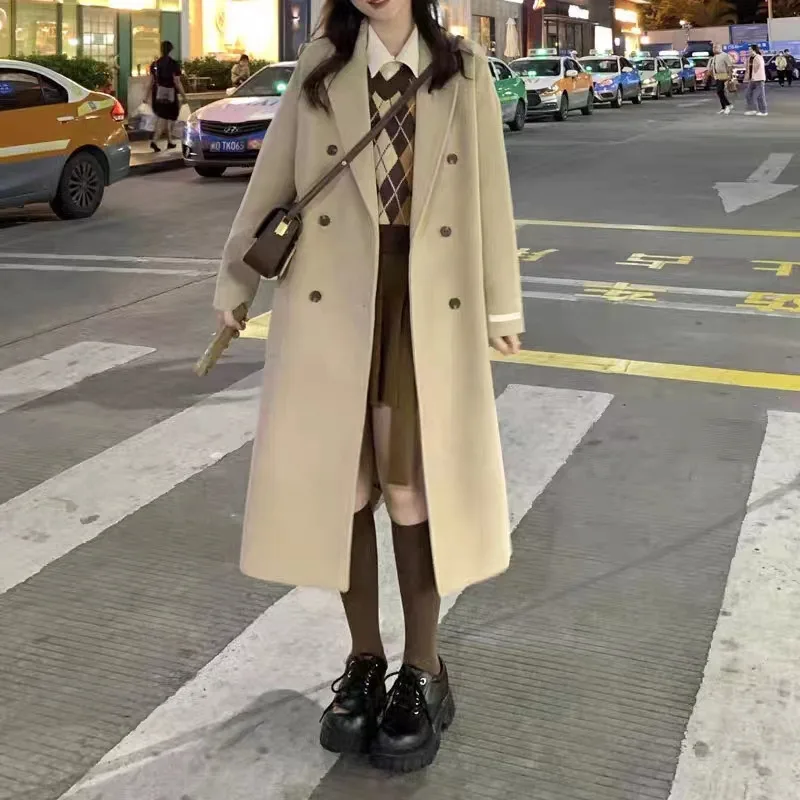 

Women Autumn Winter New Woolen Coat Loose Warm Thin Commuter Holiday Leisure Street Ladies Over The Knee Thick Long Woolen Coat