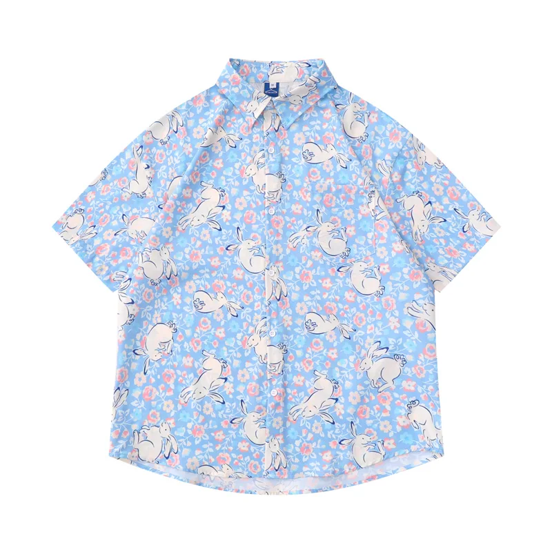 Fashion Brand Rabbit Printed Short Sleeve Shirt Street Loose Casual Shirts for Summer Men and Women